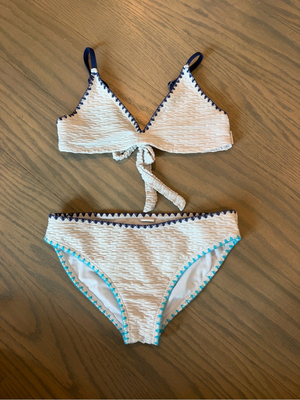 Girls Limeapple White Textured Bikini with Blue Trim